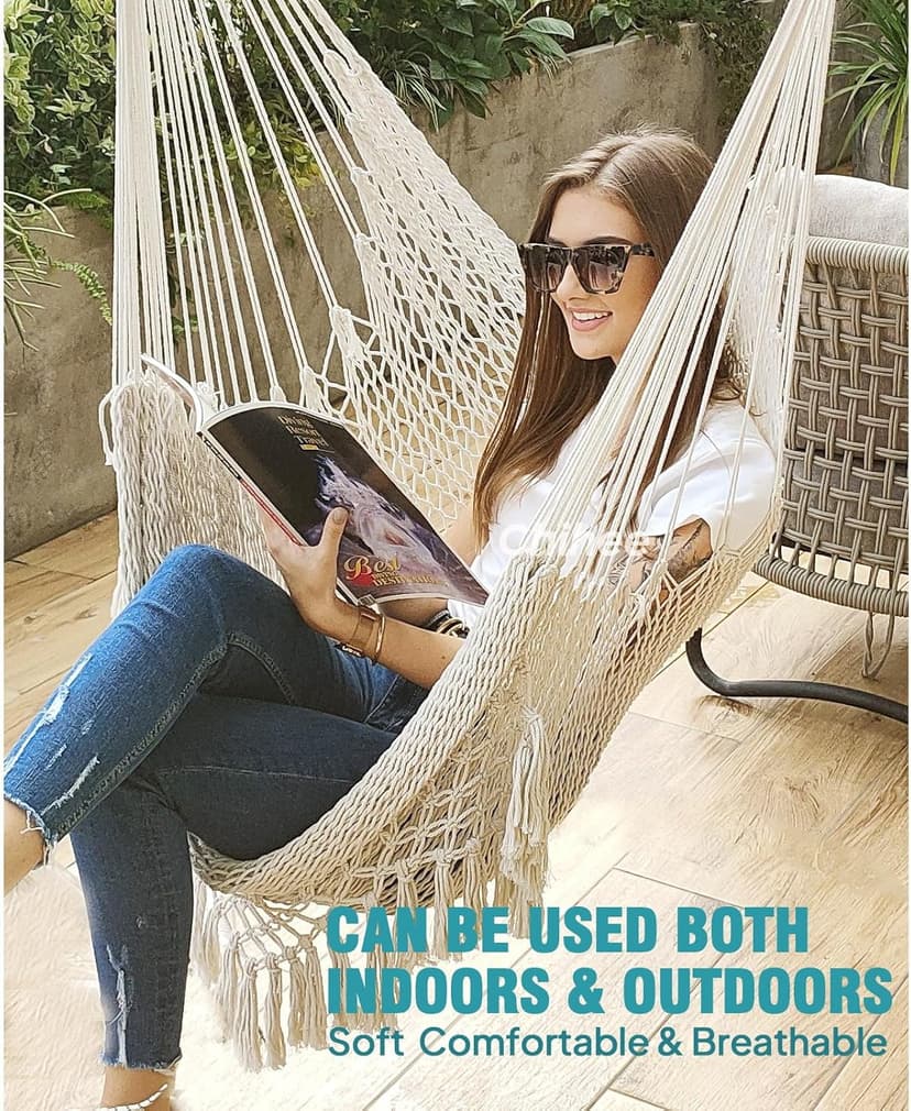 Chihee Hammock Chair Super Large Hanging Chair Soft-Spun Cotton Rope Weaving Chair, Collapsible Strong Metal Spreader Bar Wide Seat Lace Stretch Swing Chair Indoor Outdoor Garden Yard Theme Decoration