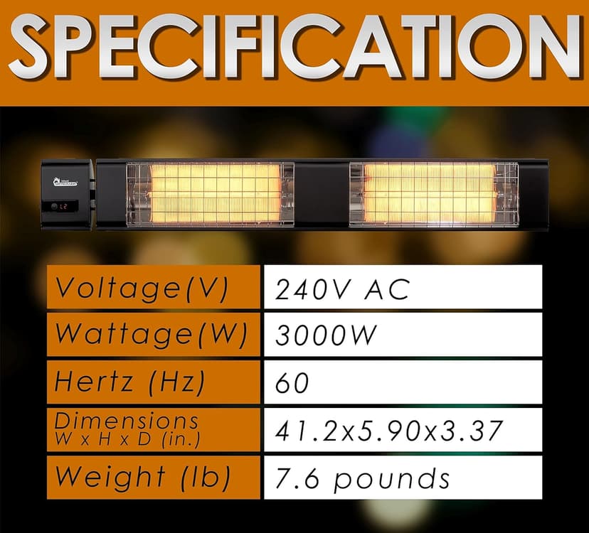 10,260 BTU Infrared Heater, Indoor and Outdoor Heater for Patio, Garage, Commercial & Residential, 3000W, 220-240V with Remote, Black
