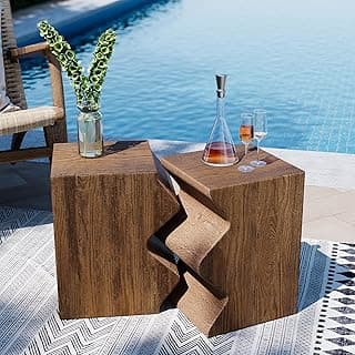 SUNBURY Concrete Side Table Set of 2, Outdoor Side Table Combine for Patio, Outdoor Accent Table Patio End Table in Woodgrain, Ceramic for Garden, Porch, Rectangular, Light Brown
