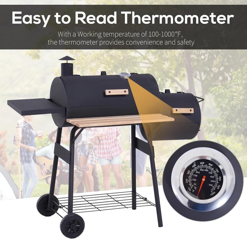 Outsunny 48" Portable Barrel Charcoal BBQ Grill, Steel Outdoor Barbecue Smoker with 232 Square Inches Cooking Space, Storage Shelf, Wheels for Garden Camping Picnic, Black