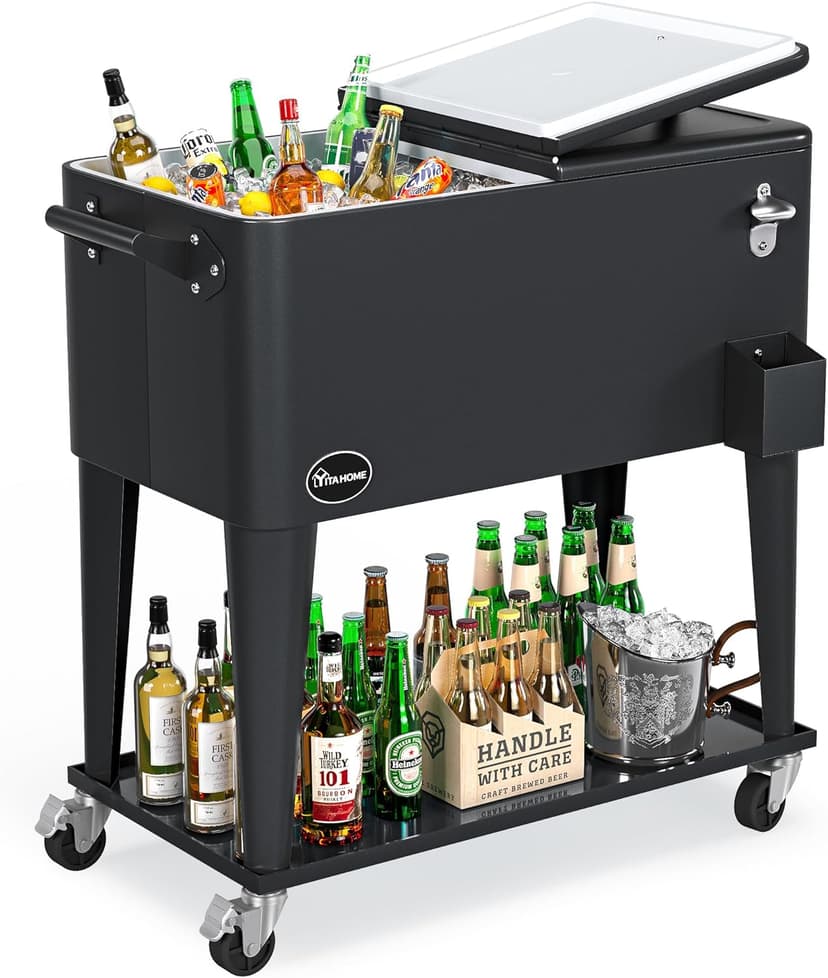 YITAHOME 80 Quart Patio Cooler Cart with Bottle Opener Drainage, Portable Rolling Beverage Cart for Pool Deck Party Cookouts