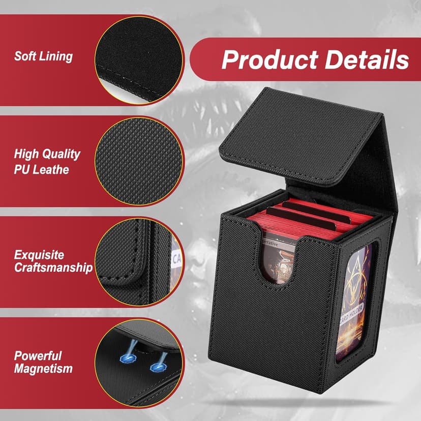 MTG Deck Box, Double Display Window MTG, Commander Deck Box Fits 120+ Single Sleeved Cards, PU Leather Magnetic Closure Card Box with 2 Dividers&2 Toploaders for TCG, CCG, Black