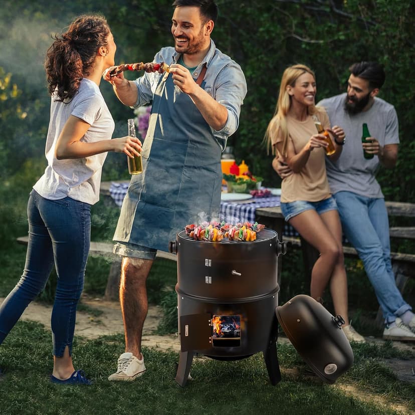 16 Inch Charcoal BBQ Smoker Grill,3-in-1 Portable Vertical Grill Cooker with Built-in Thermometers & Adjustable Vent Systems for Outdoor Backyard Cooking, Camping & Patio Parties