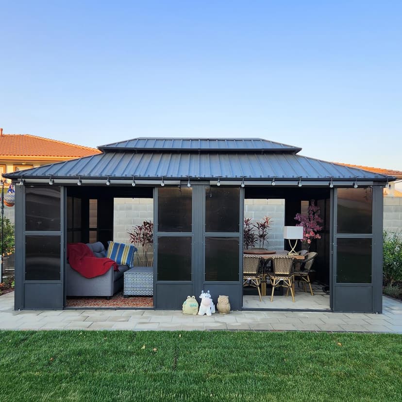 PURPLE LEAF 12' X 20' Sunroom Permanent Hardtop Gazebo Solarium Galvanized Steel Double Roof Aluminum Outdoor Screen House for Patio Deck Backyard Grey