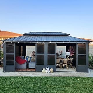 PURPLE LEAF 12' X 20' Sunroom Permanent Hardtop Gazebo Solarium Galvanized Steel Double Roof Aluminum Outdoor Screen House for Patio Deck Backyard Grey