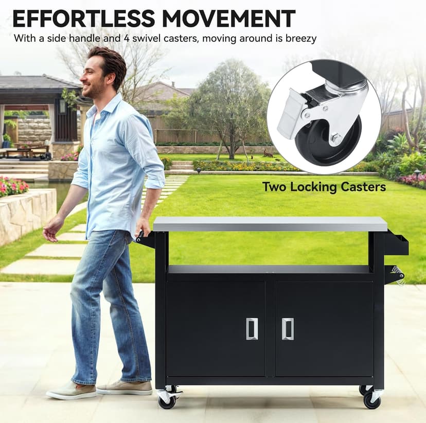 YITAHOME XL Outdoor Grill Cart with Stainless Steel Top, Outdoor Grill Table with Storage Cabinet for Patio, Kitchen Prep, Grilling Accessories, Black