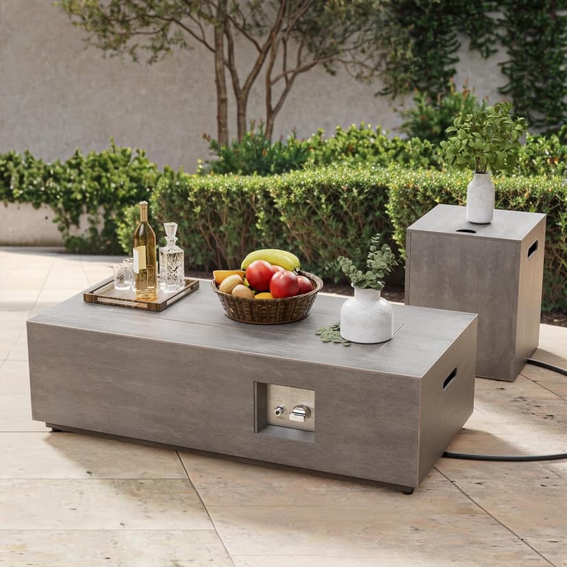 42" Rectangular Propane Fire Pit – 50,000 BTU Fire Table with Wind Guard Glass, Lid, Rocks and Cover – Backyard Fire Pits Outdoor – Propane Gas Fireplace for Deck or Patio (Grey, 42" Standard)