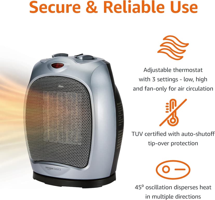 Amazon Basics Oscillating Ceramic Space Heater, Portable Heater for Indoor Use, for Office and Home, With Overheat and Tip-Over Protection, Thermostat, 1500W, Silver, 7.52"D x 6.34"W x 9.45"H