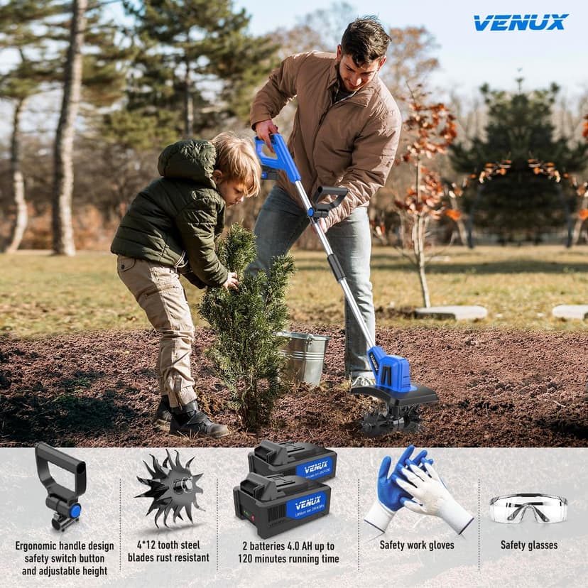 VENUX 20V Cordless Tiller Cultivator Electric Garden Tiller- 2 Batteries 4.0AH Included, 48 Steel Anti-Rust Tines 360RMP Tilling 9-in Width & 6.6-in Depth, Safety Gloves & Glasses Included
