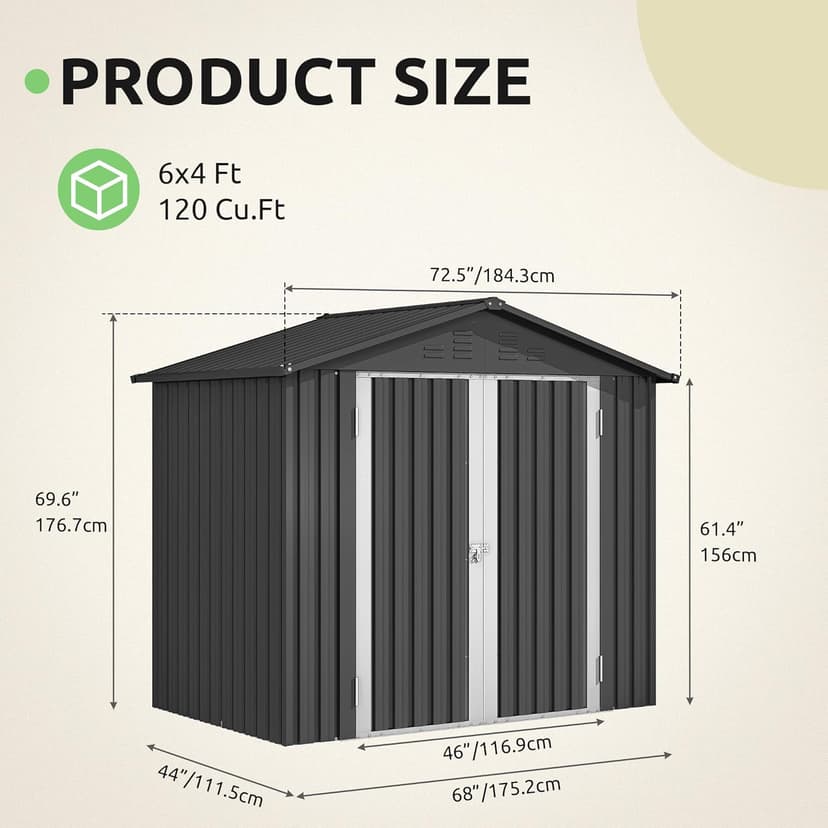 DWVO 6x4ft Storage Shed for Outdoors, Metal Sturdy Weatherproof Tool Locker with Secure Door and Ventilation for Equipment, Mowers, Bikes, Outdoor Spaces, Dark Gray