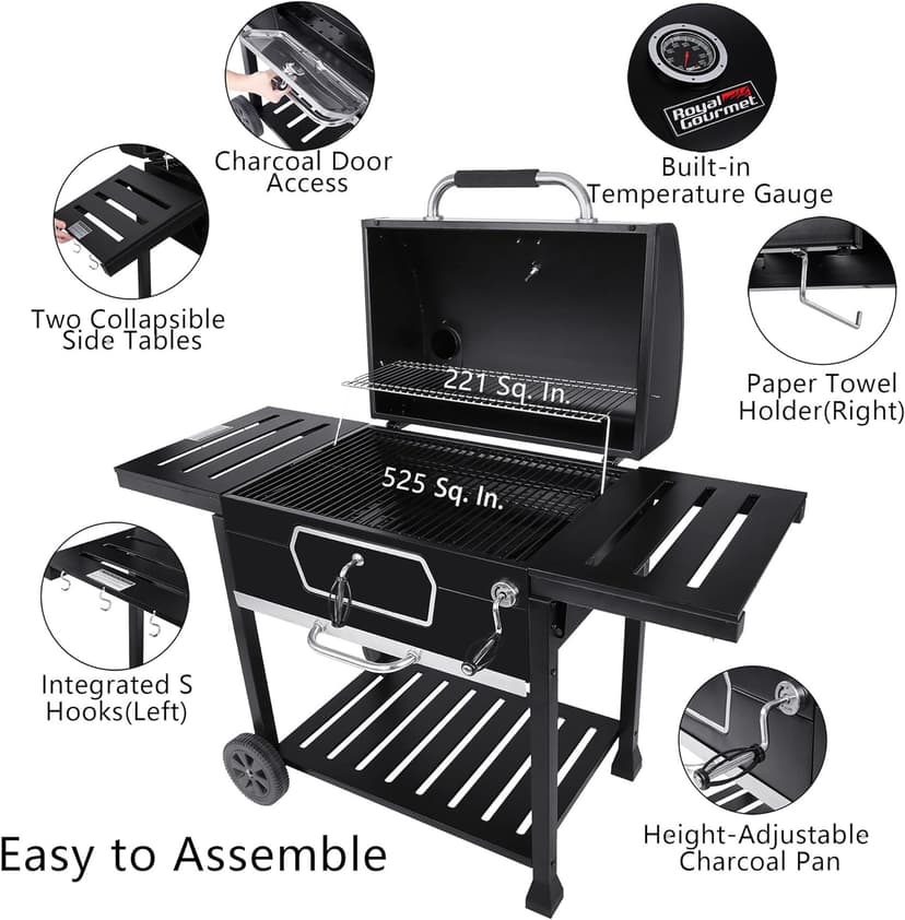 Royal Gourmet CD2030AN 30-Inch Charcoal Grill, Deluxe BBQ Smoker Picnic Camping Patio Backyard Cooking, Black, Large