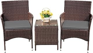 Devoko Patio Porch Furniture Sets 3 Pieces PE Rattan Wicker Chairs with Table Outdoor Garden Furniture Sets (Brown/Grey)