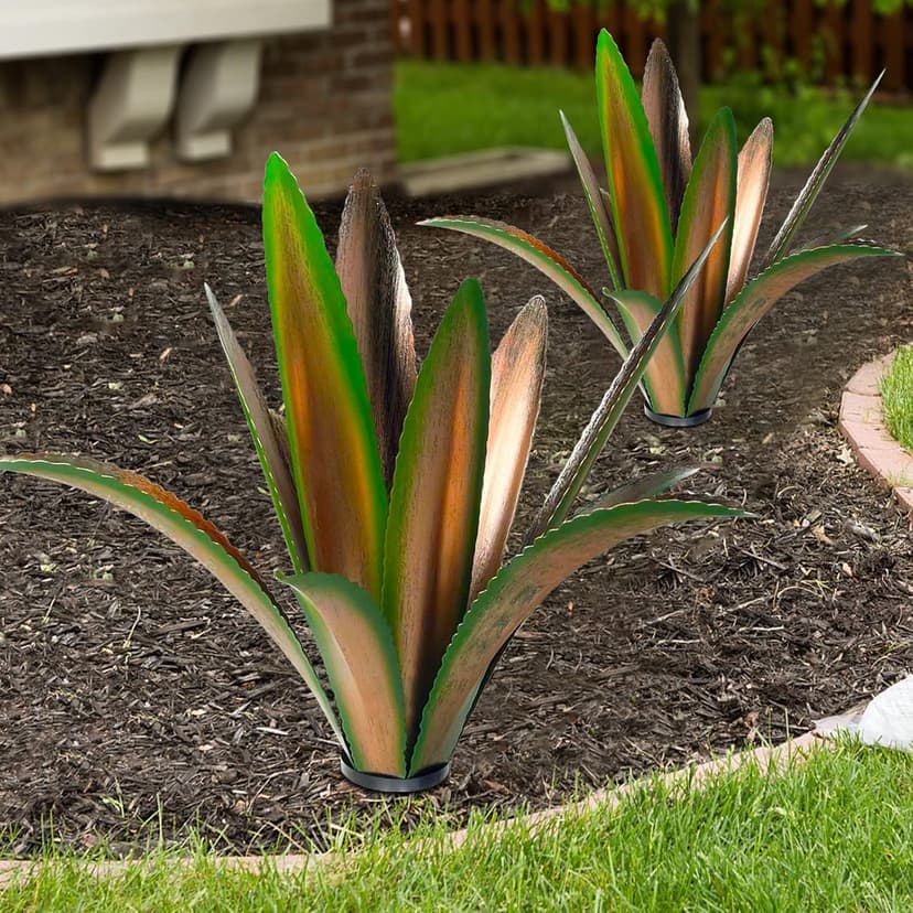 Enlarge thickened Wind Resistant Metal Agave Garden Art Metal Plant Country Garden Sculpture Statue Outdoor decoration Agave Metal Plant Courtyard Garden Lawn Ornament Gift (2, 12 Leaves Green)