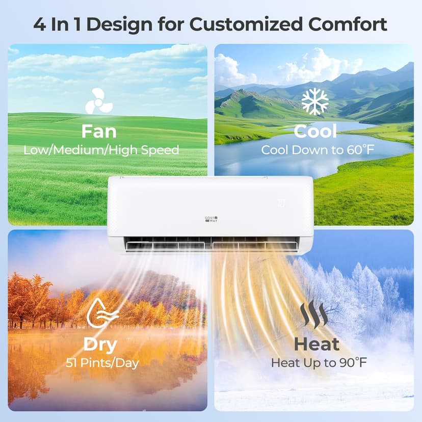 COSTWAY 12000 BTU Mini Split Air Conditioner, with Heat Pump, 22 SEER2 115V Inverter, 24H Timer, Auto Clean, Remote Control for Rooms up to 750 Sq.Ft (Airtural Series)