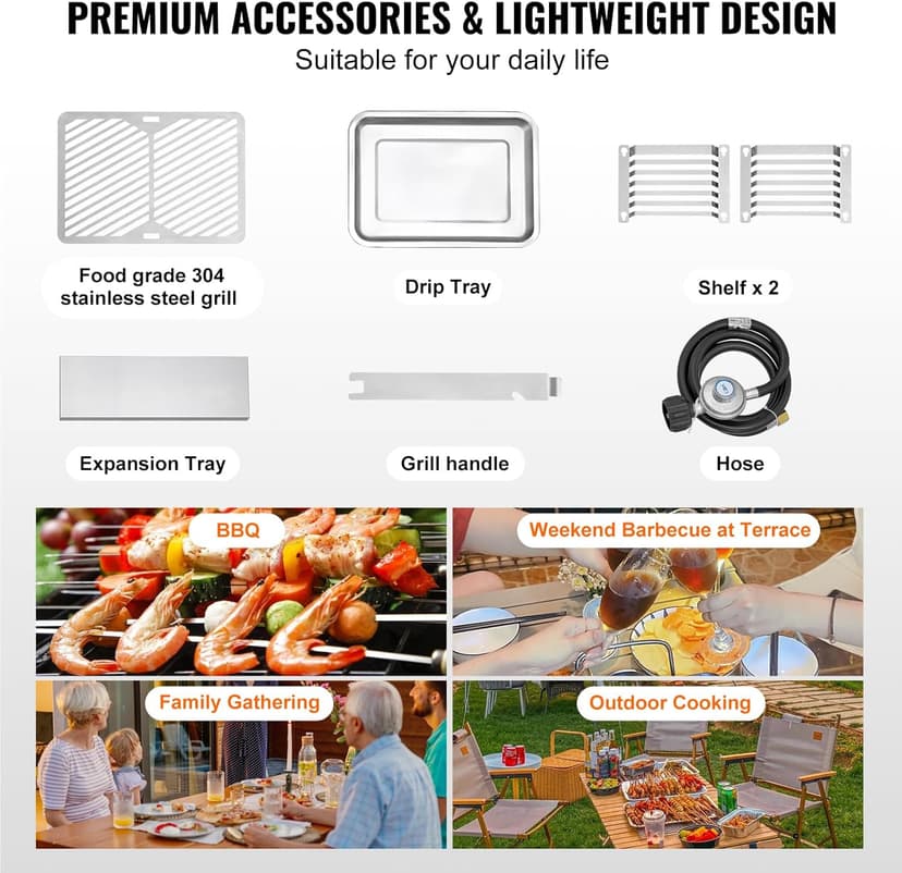 VEVOR Propane Steak Grill, Portable Propane Steak Cooker, 1500°F Stainless Steel Barbecue Infrared Grill with 6-Tier Adjustable Rack, Steak Cooker Machine for BBQ, Toast, Grill, Outdoor Picnic