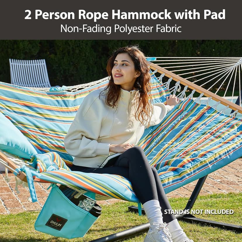 Outdoor Double Hammock with Hardwood Spreader Bars, Cotton Rope Hammock with Polyester Pad and Pillow, 475 LBS Capacity 2 Person Hammock, Large Hammock for Patio Backyard Poolside - Bule Stripe