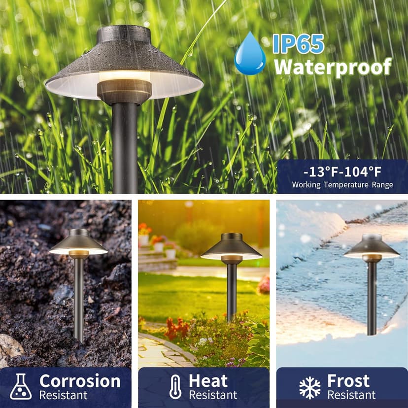 Brass Low Voltage Landscape Lighting - 12V LED Path Lights IP65 Waterproof, Hard-Wired Pathway Light Bronze for Outside Walkway Garden with 3W 2700K Warm White G4 Replaceable Bulb (6 Pack)