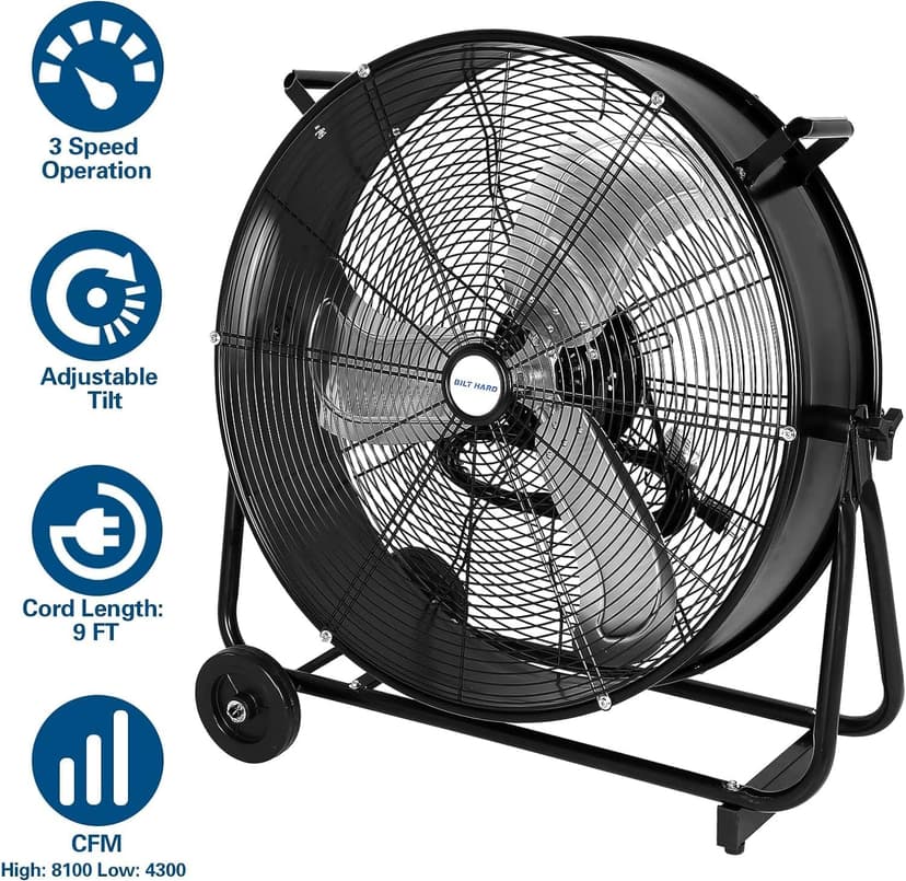BILT HARD 24" 8100 CFM High Velocity Industrial Drum Fan, 3-Speed Heavy Duty Metal Shop Fan for Warehouse, Workshops, Garage, Factory and Basement - UL Listed