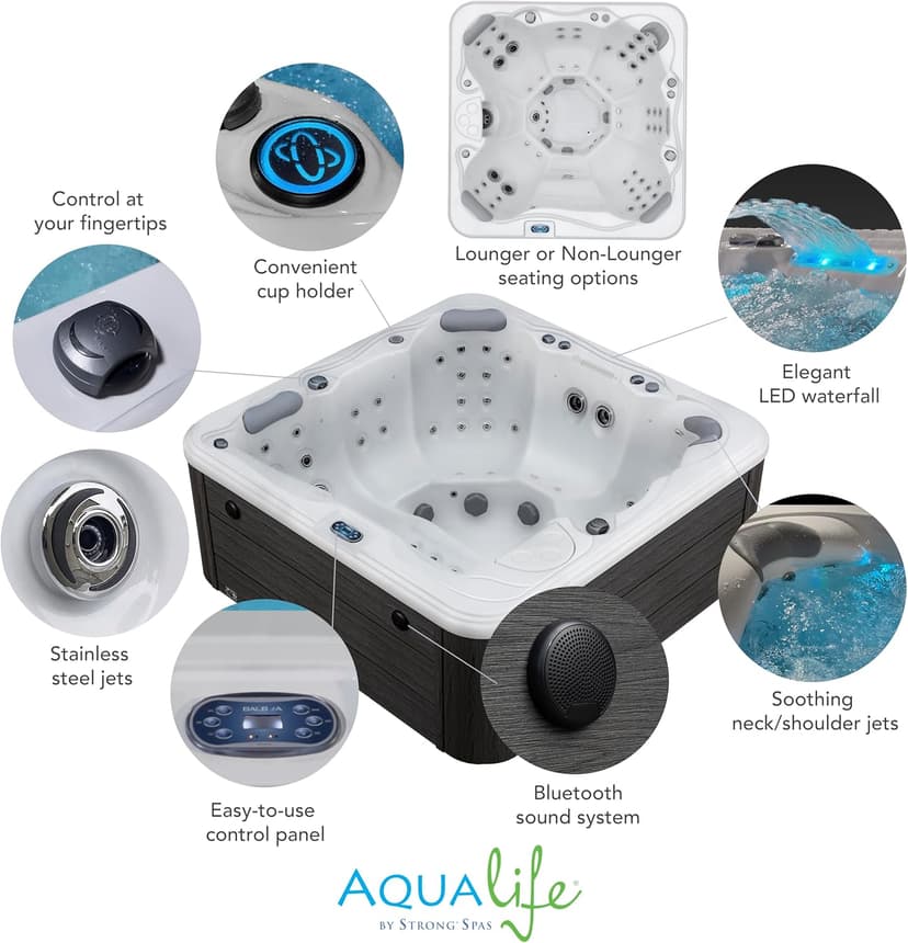 Destination Outdoor Hot Tub, 5-Person 59-Jet 80-Port 4-Pump Lounger Spa with Waterfall Arch and Bluetooth Stereo by Aqualife by Strong Spas