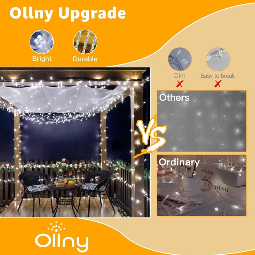 Ollny 120LED 40FT String Lights, Waterproof Connectable Fairy Lights with Timer 8 Modes, Cool White Plug in Christmas Light for Indoor Outdoor Patio Party Bedroom Classroom Decor
