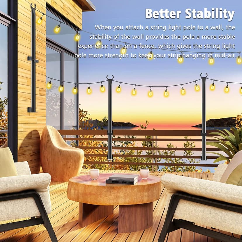 2 Pack 5 Ft Hangingfor String Light Poles with Fixing Clips and Suspended Base,Freestanding Outdoor Light Poles for Deck Bistro
