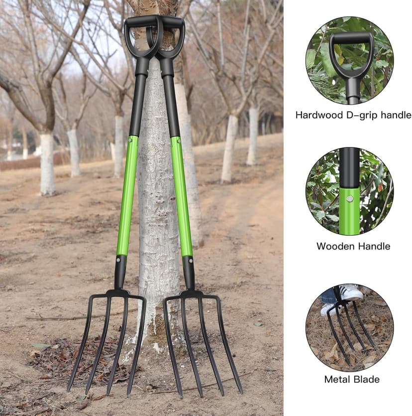 Heavy Duty Pitchfork,Garden Forks for Digging Compost Spading, 4-Tines Pitch Fork with High-Carbon Steel Handle, 45 inches Digging Fork(with Protective Gloves)