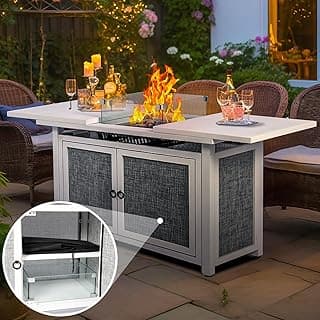 42inch Propane Fire Pit Table, Rectangular Gas Firepit Table with Removable Desktop,2 Tier Storage Shelves, Tempered Glass and Rain Cover for Garden, Patio & Backyard (White)