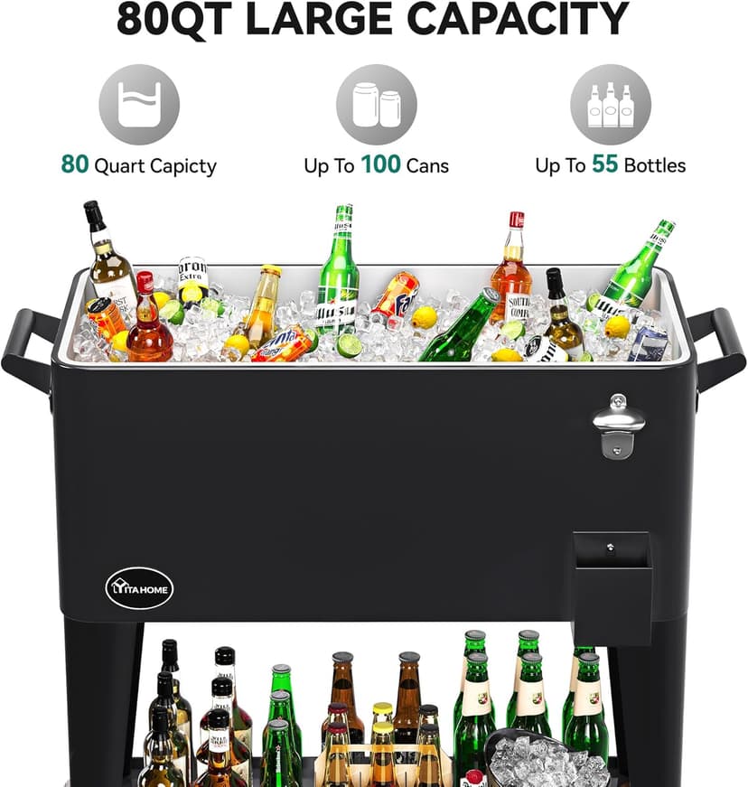 YITAHOME 80 Quart Patio Cooler Cart with Bottle Opener Drainage, Portable Rolling Beverage Cart for Pool Deck Party Cookouts
