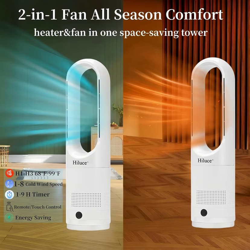 Oscillating All Season Bladeless Fan, 1400W Space Heater & 40W Cooler Fan Combo with Remote,Installation Free Quiet Fan,Tip-Over Switch80°Oscillating, 8 Speeds, 9H Timer,22 inch