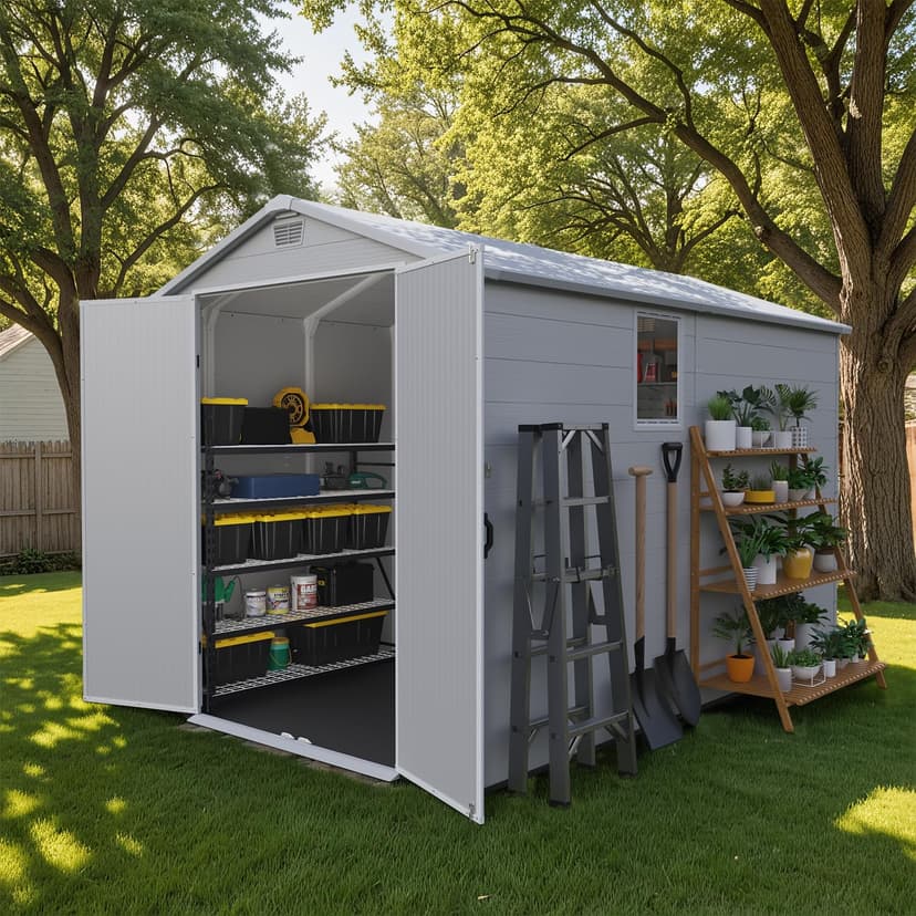 Patiowell 6 x 10 FT Plastic Outdoor Storage Shed with Floor, Resin Outside Tool Shed with Two Windows and Lockable Door for Garden, Backyard, Tool Storage Use, Easy to Install, Light Grey