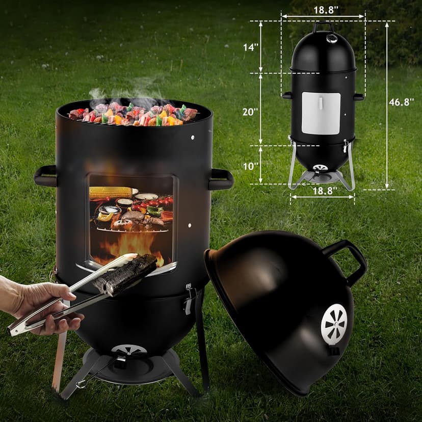 Outvita Vertical 18.8 Inch Steel Charcoal Smoker, Heavy Duty 3-in-1 Portable Outdoor Grill Cooker with Built-in Thermometer for Outdoor Backyard Cooking Grilling Camping