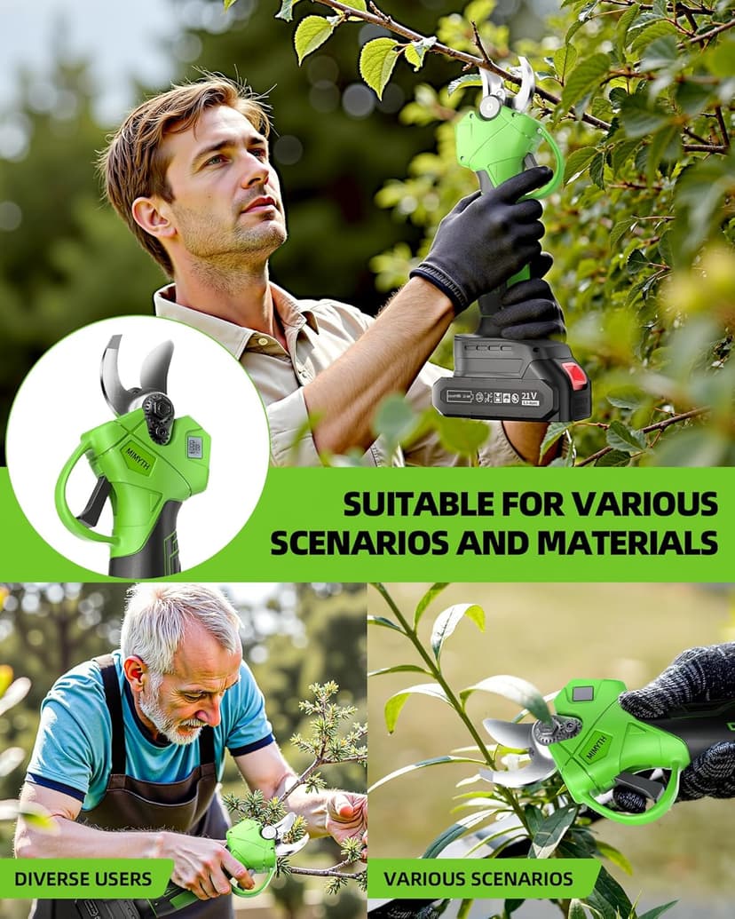 Cordless Electric Pruning Shears for Gardening, Brushless Electric Scissors & Pruners for Gardening w/ 2 21V Batteries, Display, Adjustable Mode for 1.4'', Tree Branch Cutter,Tree Trimming (LeafGreen)