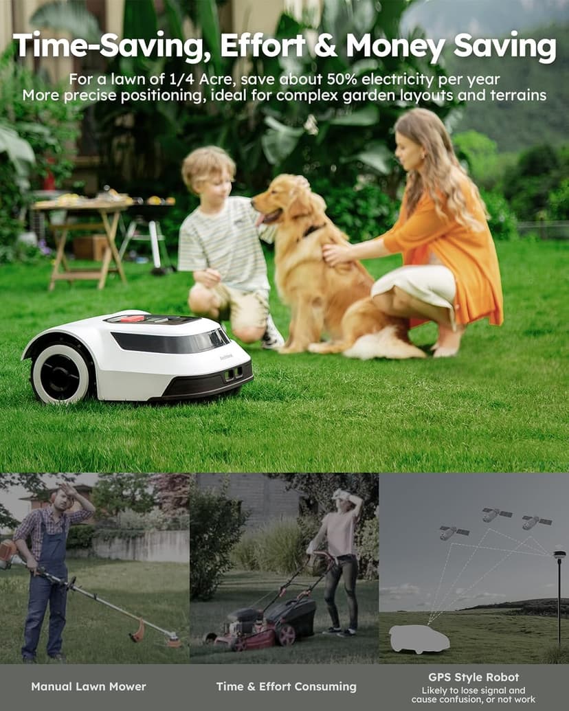 Robot Lawn Mower with Max 180m Stable Boundary Wire - Recommended 600㎡, Max 1000㎡, 300% Higher Efficiency of Grid-Shaped Mowing Path, Automatic Robotic Lawn Mowers with Auto Mapping & Recharge