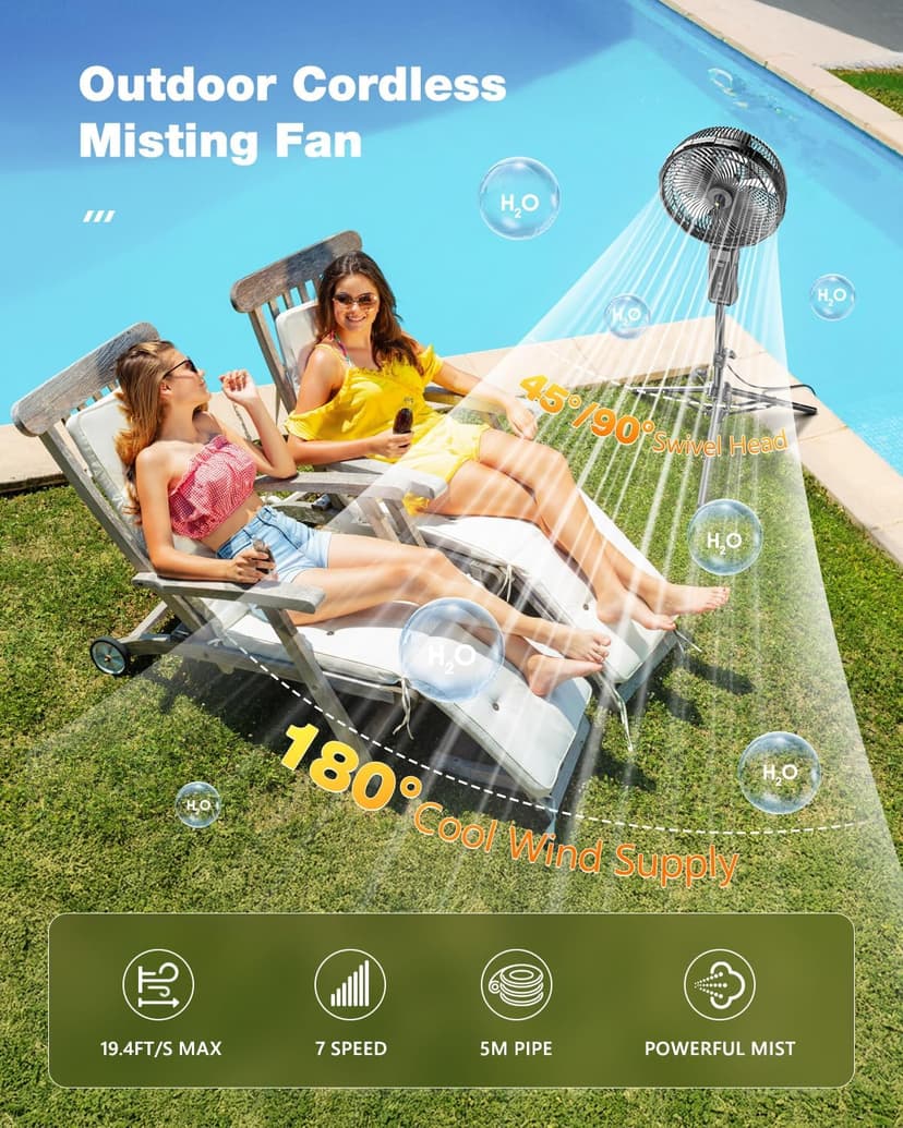 Misting Fan Portable, 20000mAh 12-Inch Outdoor Misting Fan for Patios Outside, 2 In 1 Pedestal & Tabletop Oscillating Fans with Misting Kit, Rechargeable Cooling Fans with Remote/Mist/7 Gear/Timer