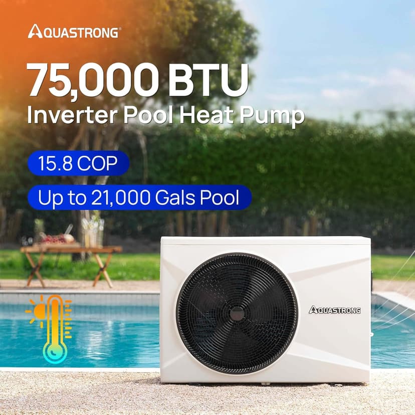 Aquastrong 75,000 BTU Inverter Swimming Pool Heat Pump, 21,000 Gallons Electric Pool Heater for Above Ground and Inground Pool, WiFi Capable Timer, Heating and Cooling Pool Heater 220V