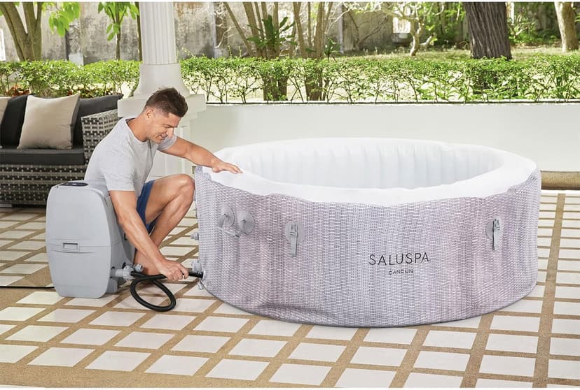 Bestway SaluSpa Cancun AirJet 2 to 4 Person Inflatable Hot Tub, 71 x 26 Inch Round Portable Outdoor Spa with 120 Soothing Jets and Cover, Gray