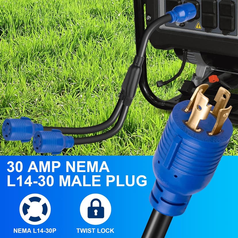 4-Prong 30 Amp Generator Splitter Y Adapter NEMA L14-30P to 2X L14-30R, 10 AWG SJTW Locking Power Cord, 125/250V 7500W for Manual Transfer Switch, Portable Generators & Emergency Power, 3ft