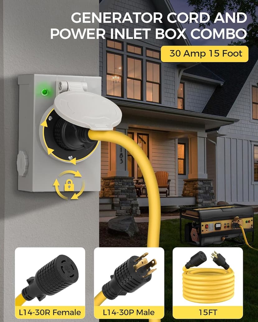 30 Amp Generator Cord and Pre-drilled Power Inlet Box Kit, NEMA L14-30P to L14-30R, 15FT 4 Prong 10 Gauge STW Wire with Twist Lock Connector, L14-30P Inlet Box for Generator to House, ETL Listed