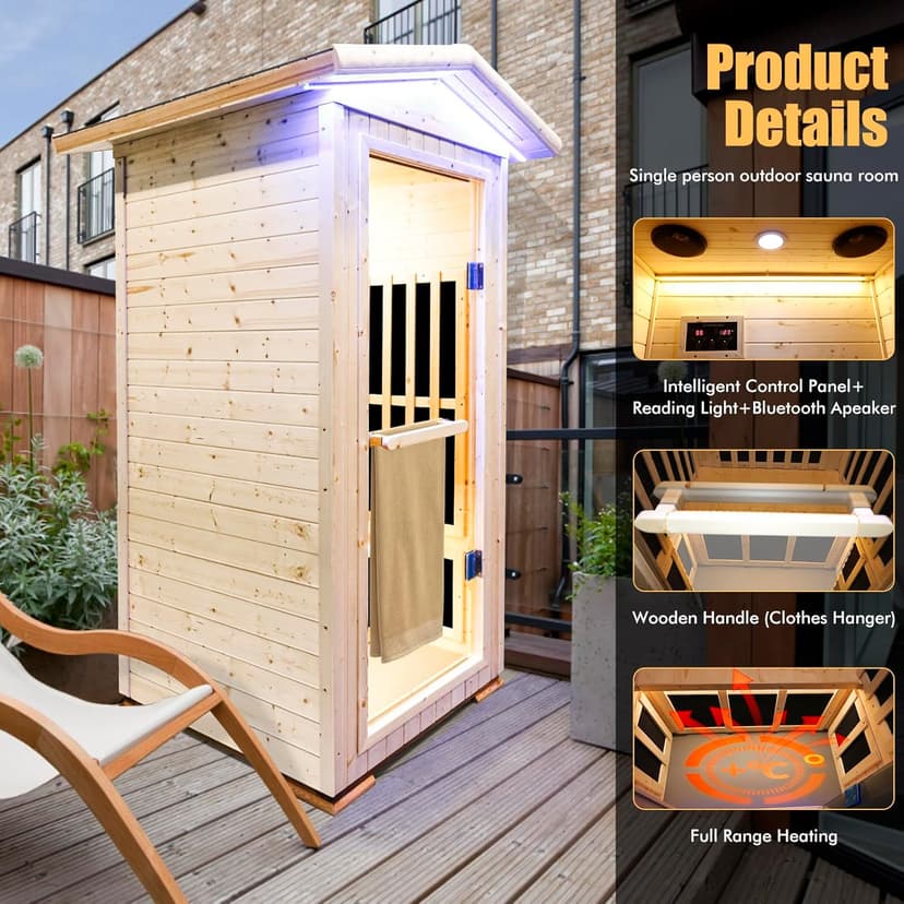Outdoor Sauna Wooden Far Infrared Saunas Spa 1300W Low-EMF Dry Sauna Room for One Person Finland Spruce Wood