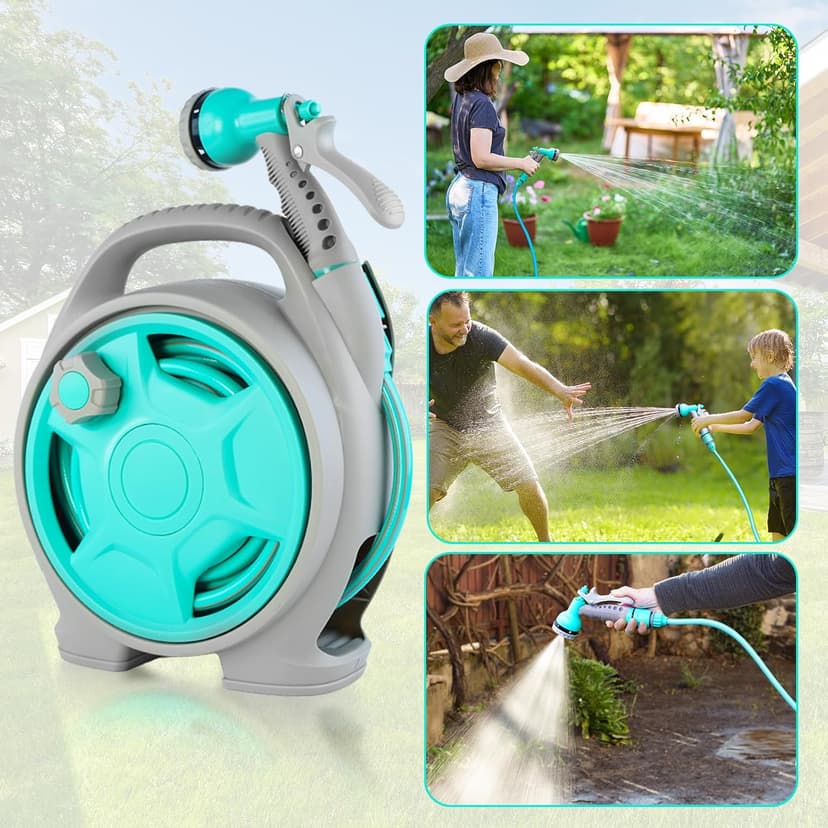 50FT Retractable Garden Hose Reel, Lightweight & Portable Hose Reel with 6 Patterns Spray Nozzle, Suitable for US Standard Hose Connection, Great for Patio Watering