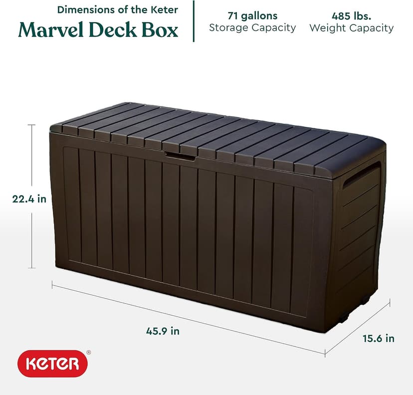 Keter Marvel Plus 71 Gallon Resin Outdoor Storage Box for Patio Storage Box Cushions, Throw Pillows, Garden Tools and Pool Floats, Brown