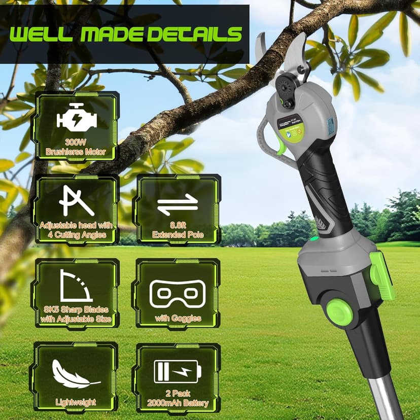 2 In 1 Pole Pruning Shears Cordless (2025 Upgraded), Electric Pruning Shears with LCD Display,1.5-2 Inch Cutting Diameter Pole Pruners for Tree Trimming, with 2 Pack 2.0Ah Batteries and Goggles