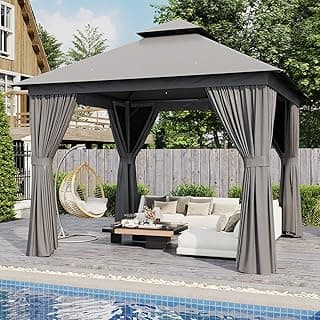 AOXUN Outdoor Gazebo for Patio 10x10, Metal Frame Canopy with Double Roofs, Heavy Duty Party Tent and Shelter with Mosquito Netting and Privacy Screen for Backyard, Lawn, Garden, Deck (Grey)