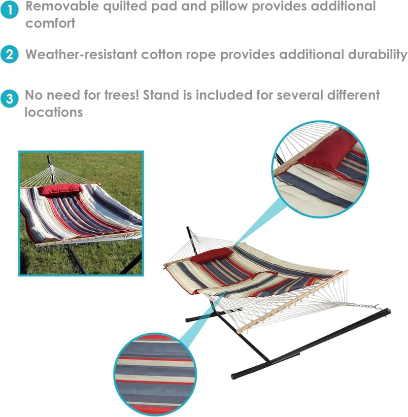 Sunnydaze Rope Hammock with Stand Combo - 275-Pound Capacity - Includes 12-Foot Hammock Stand, Spreader Bar, Pad, and Pillow - Modern Lines