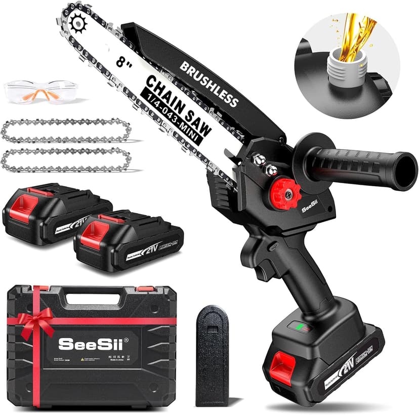 Seesii Mini Chainsaw 8 inch DL07, Electric Chainsaw Cordless, Upgraded Brushless Chain saw with Auto Oiler, 2pcs 2000mAh Batteries, Battery Powered Saws Handheld Chain Saw for Tree Branch Wood Cutting