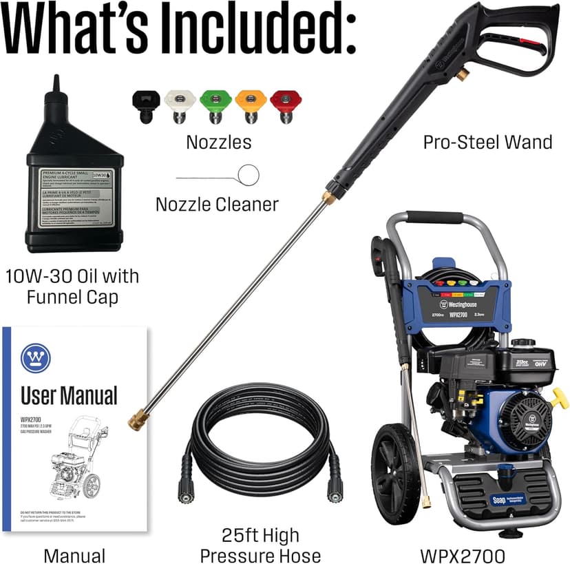 Westinghouse WPX2700 Gas Pressure Washer, 2700 PSI and 2.3 Max GPM, Onboard Soap Tank, Spray Gun and Wand, 5 Nozzle Set, for Cars/Fences/Driveways/Homes/Patios/Furniture