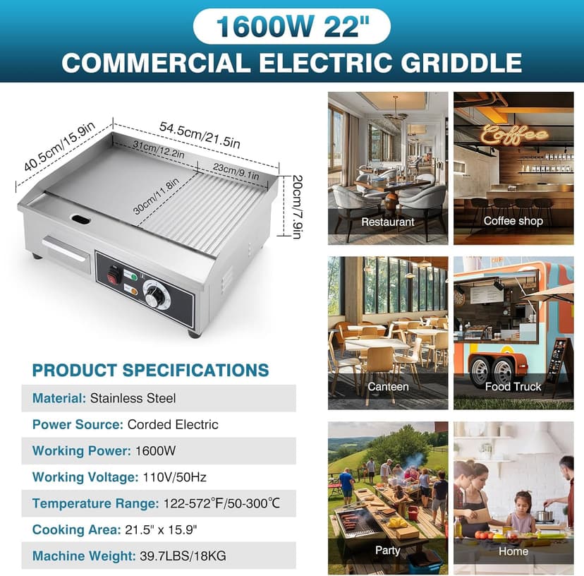 IRONWALLS Electric Griddle Nonstick 22 Inch, 1600W Stainless Steel Commercial Griddle for Indoor & Outdoor, 2-IN-1 Half Flat Top Griddle Grill for Restaurant & Home, 122℉-572℉ Adjustable Temperature