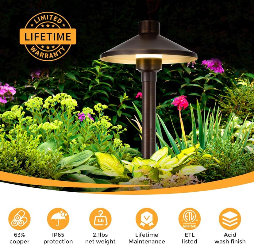 Gardencoin Solid Brass Low Voltage Pathway Lights (6.7'' Shade, 21.9'' Tall), 12V AC/DC Heavy Duty LED Landscape Path Lights Outdoor Wired, Antique Bronze Walkway Lights with Larger Stake, 4-Pack