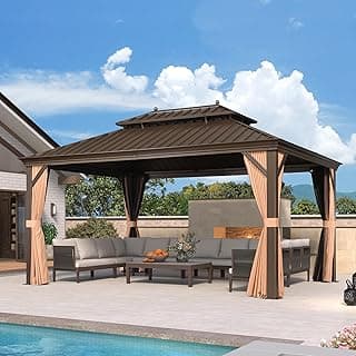 PURPLE LEAF 11' X 15' Outdoor Hardtop Gazebo Patio Wide Aluminum Frame Metal Double Roof with Heavy Duty Netting and Curtains for Permanent Hard Top Pavilion Screen with Lights, Khaki
