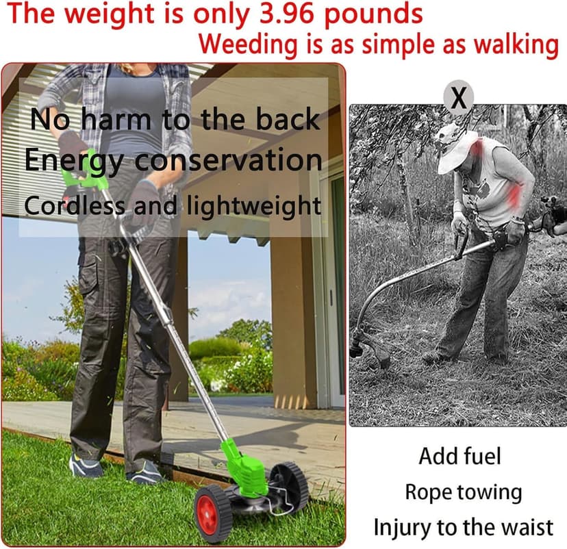 Electric Weed Wacker 24V Electric Weed Cordless Eater with 2pcs Batteries and 3 Types Blades&Auxiliary Wheel Weed Trimmer Lightweight 3 in 1 Stringless Grass Trimmer Edger/Brush Cutter for Lawn